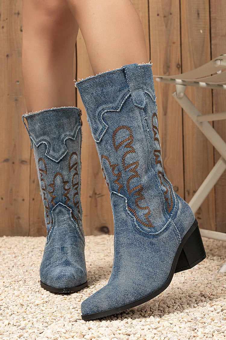 Patchwork Pointed Toe Zipper Embroidery Chunky Heel Denim Mid Calf Boots