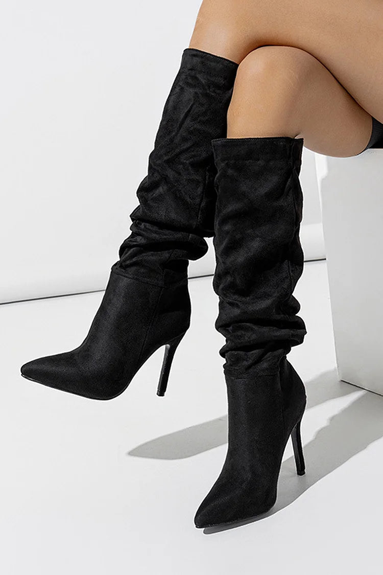 Solid Color Pointed Toe Stiletto Heel Pull On Slouch Knee High Boots