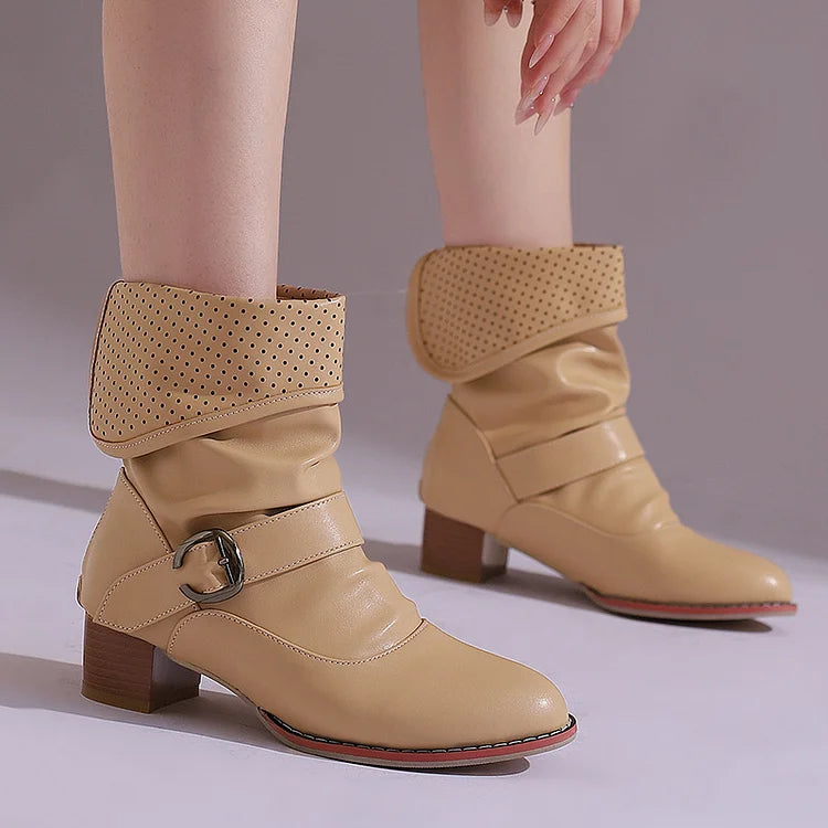 Colorblock Fold Patchwork Strap Buckle Chunky Heel Ankle Boots