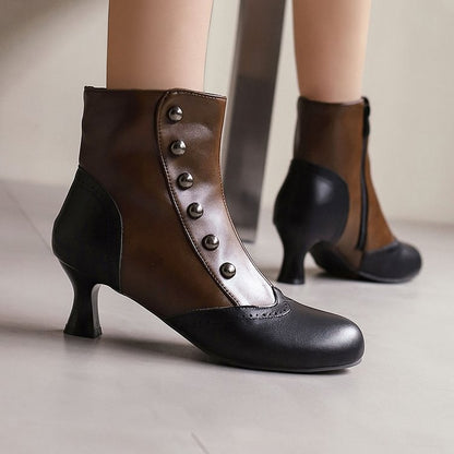 Colorblock Round Toe Metallic Studded Zipper Ankle Boots