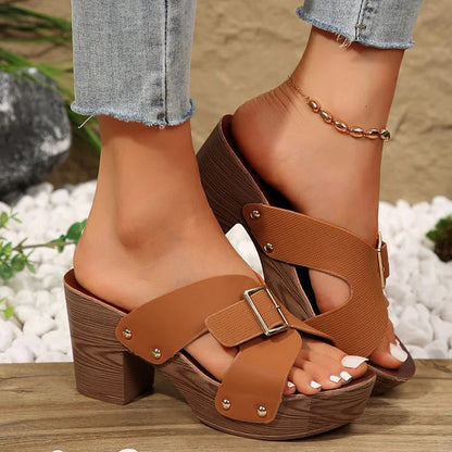 Studded Buckle Cross Belt Wood Grain Platform Wedge Chunky Heels