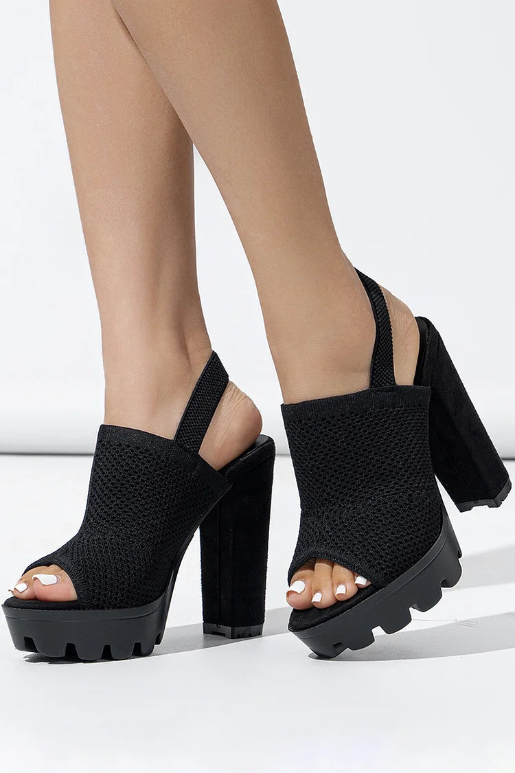 Peep Toe Slingback Solid Color Knitted Chunky Heels