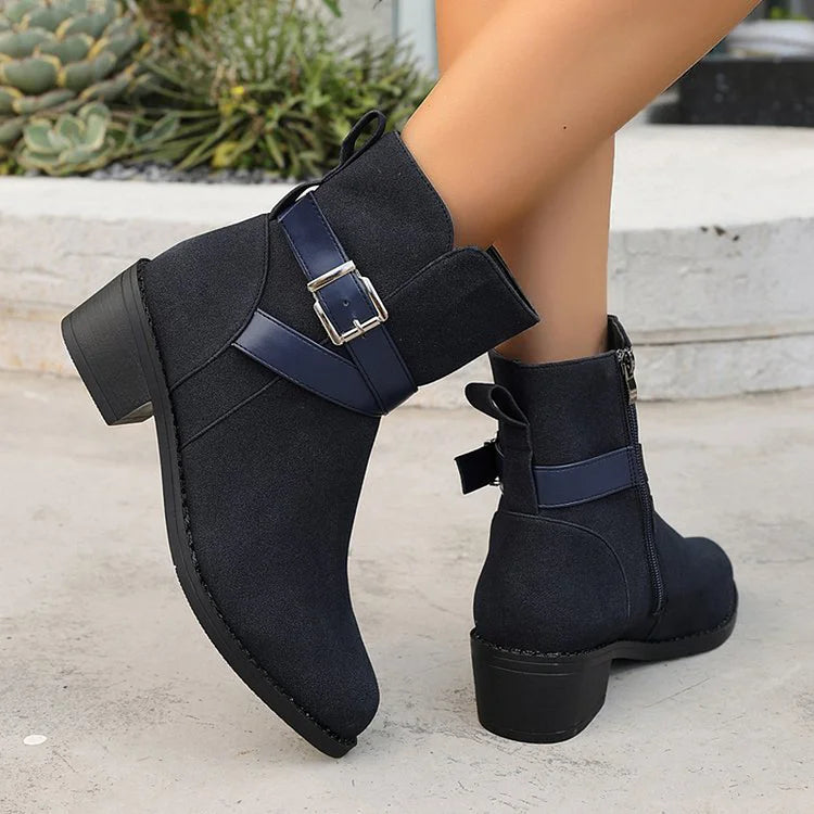 Patchwork Crossover Strap Buckle Pointed Toe Chunky Heel Mid Boots