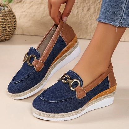 Metal Buckle Decor Patchwork Round Toe Wedge Heel Loafers