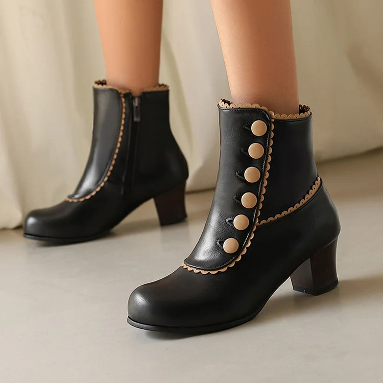 Buttons Colorblock Trim Round Toe Chunky Heel Ankle Boots