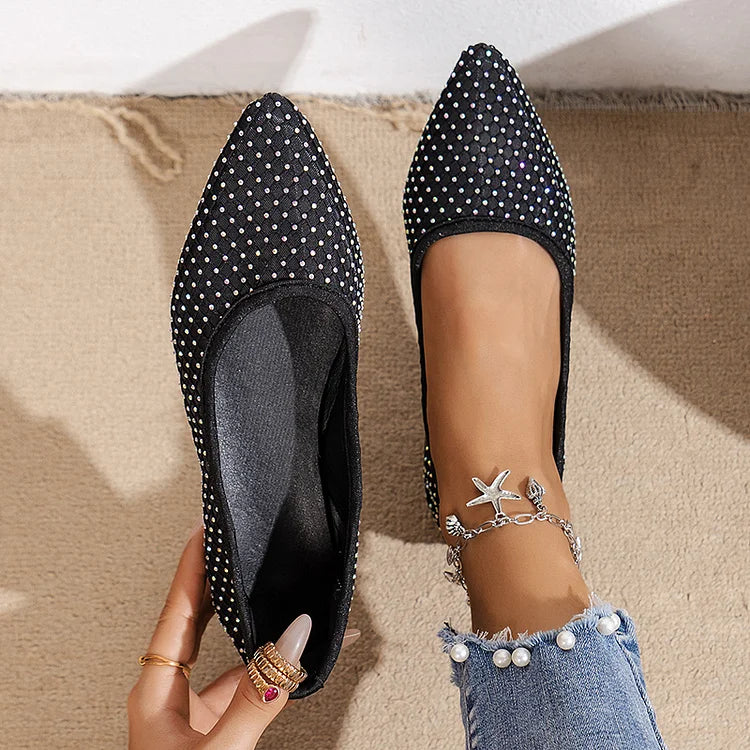 Rhinestone Decor Fishnet Patchwork Pointed Toe Flats