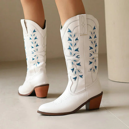 Colorblock Embroidery Patchwork Pointed Toe Chunky Heel Western Boots