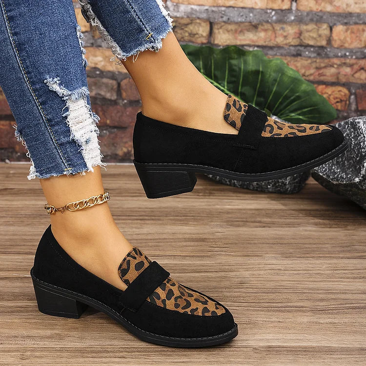 Patchwork Leopard Print Pointed Toe Chunky Heel Loafers