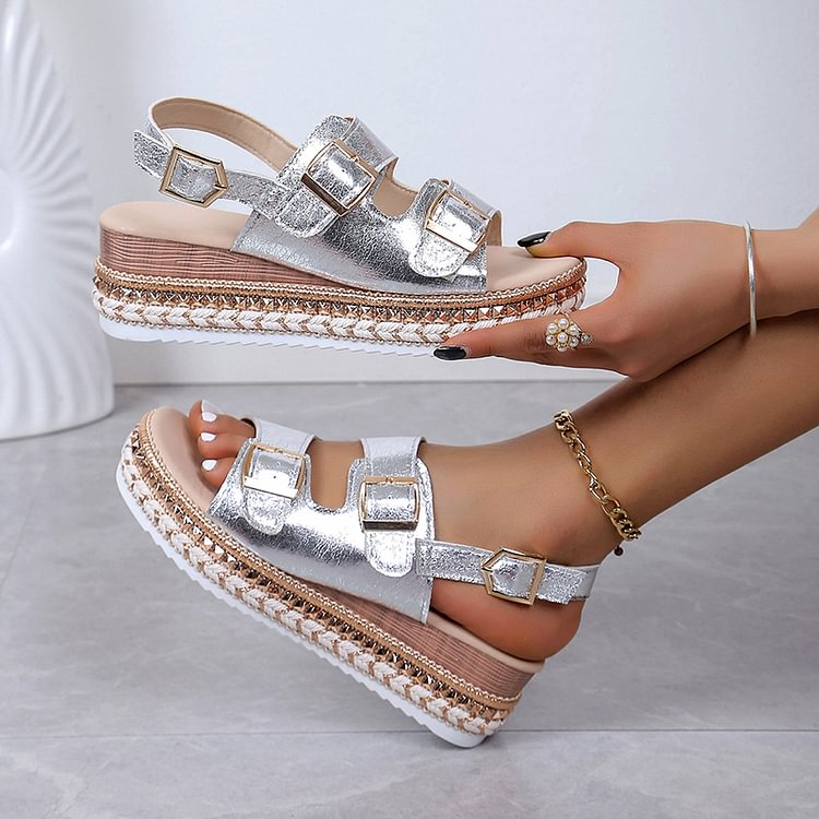 Metallic Sheen Slingback Strap Studded Buckles Platform Sandals