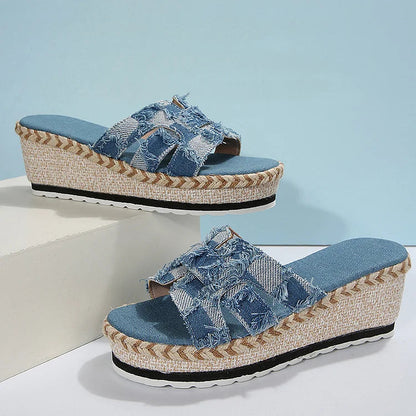 Patchwork Print Hollowed Peep Toe Denim Frayed Wedge Slippers