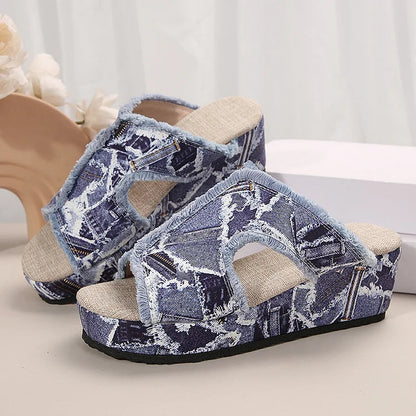 Raw Trim Patchwork Peep Toe Denim Cut Out Platform Wedge Slippers