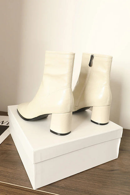 Solid Color Stitch Detail Square Toe Zipper Chunky Heel Ankle Boots