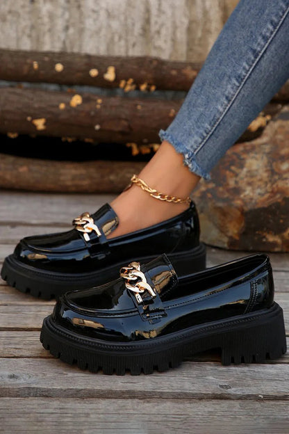 Metal Chain Decor Round Toe Chunky Heel Casual Loafers