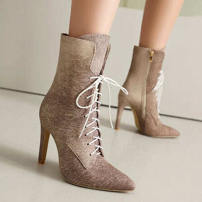 Denim Gradient Color Pointed Toe Stiletto Heel Lace Up Mid Calf Boots