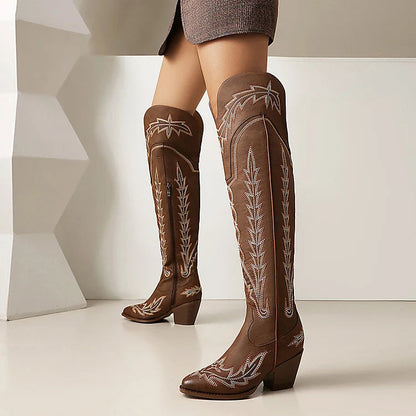 Embroidery V Cut Zipper Pointed Toe Chunky Heel Over The Knee Boots