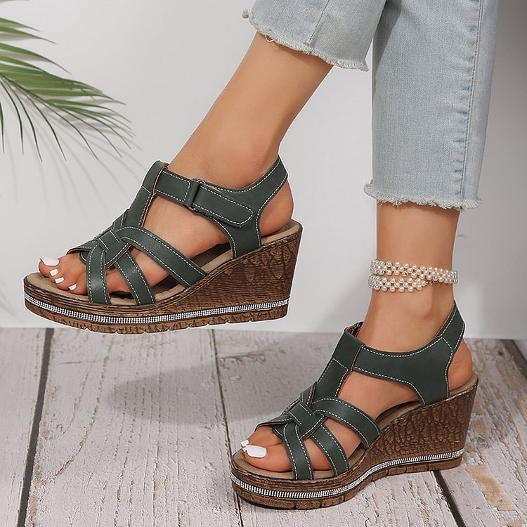 Rhinestone Woven Strap Platform Wedge Peep Toe Magic Stick Closure Sandals