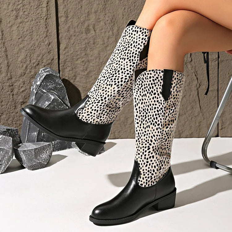 Leopard Print Patchwork Round Toe Chunky Heel Knee High Boots