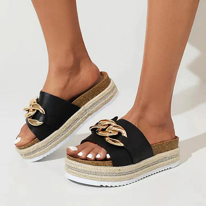 Metal Chain Decor Round Toe Platform Espadrille Slippers