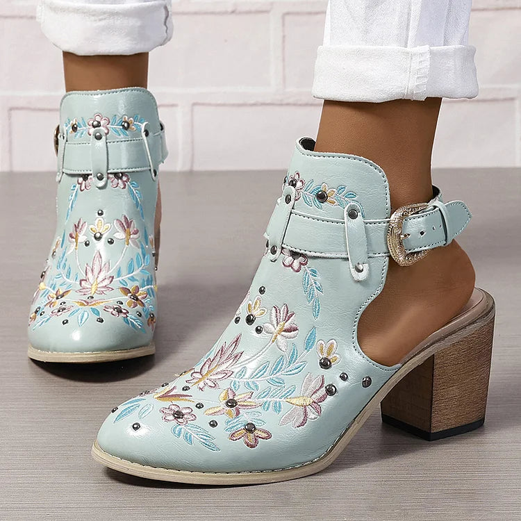 Floral Embroidery Metallic Studded Round Toe Slingback Chunky Heels