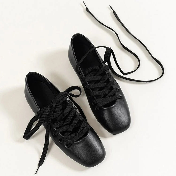 Crossover Lace Up Solid Color Square Toe Elegant Flats