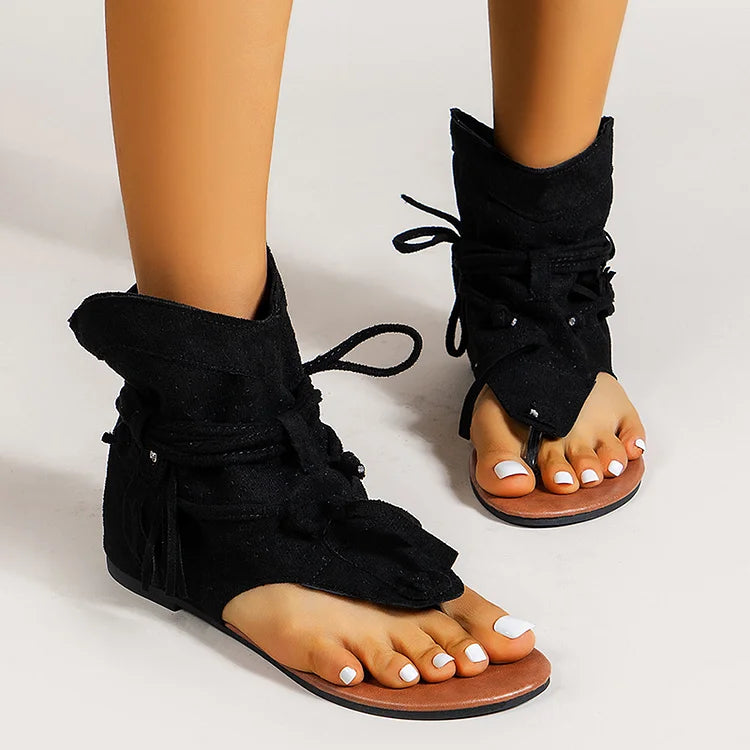 Strappy Tassel Cut Out Detail Flip Flops Plain Boots Sandals
