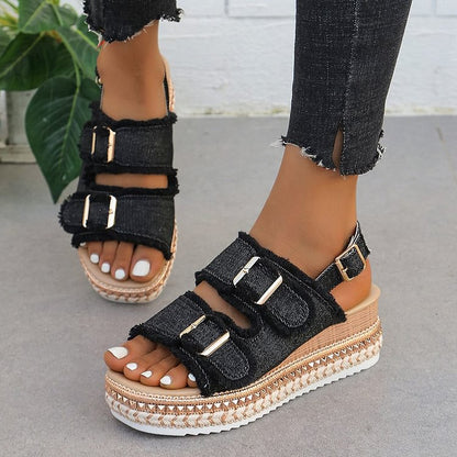 Frayed Raw Trim Buckles Peep Toe Slingback Strap Wedge Denim Sandals