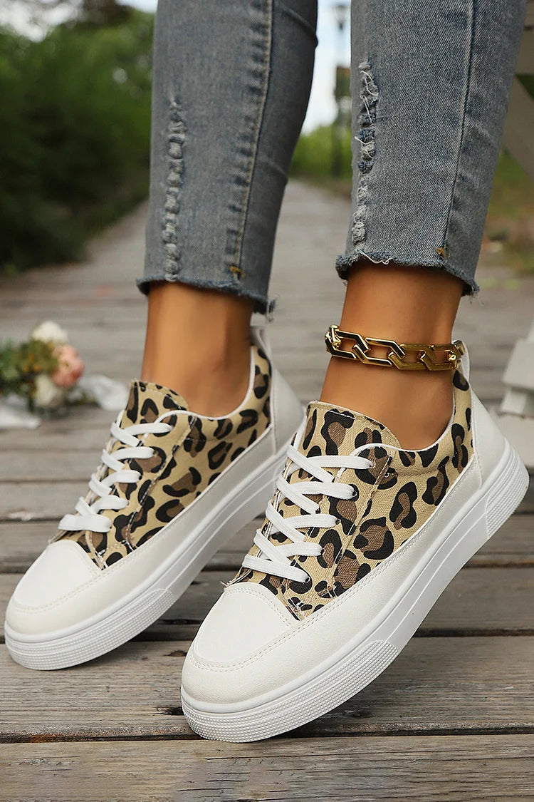 Leopard Print Round Toe Patchwork Lace Up Sneakers