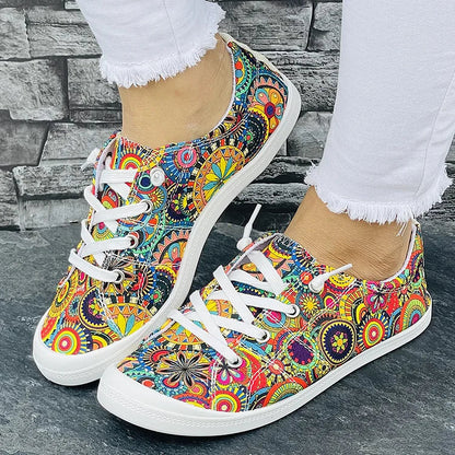 Colorful Round Flowers Print Lace Up Round Toe Casual Shoes