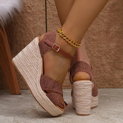 Peep Toe Cross Belt Ankle Strap Slingback Platform Espadrille Wedge Sandals