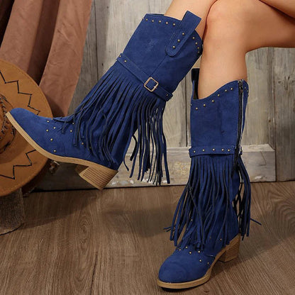 Fringed Trim Metallic Studded Solid Color Chunky Heel Mid Calf Boots