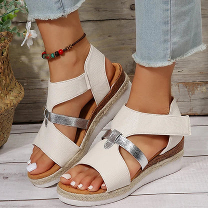 Peep Toe Patchwork Strap Magic Stick Closure Wedge Sandals