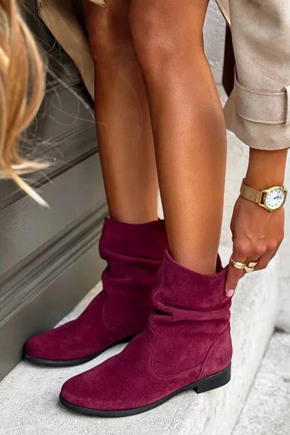 Solid Color Patchwork Round Toe V Cut Slouch Ankle Boots