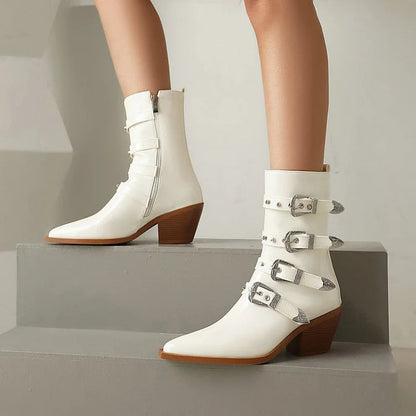 Multicolor Straps Buckles Pointed Toe Chunky Heel Mid Calf Boots