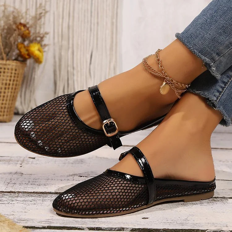 Hollow Out Mesh Instep Strap Plain Casual Round Toe Flats