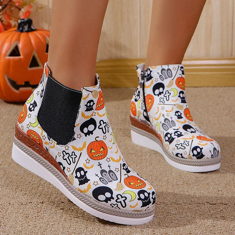 Halloween Roses Skull Print Round Toe Wedge Heel Ankle Boots