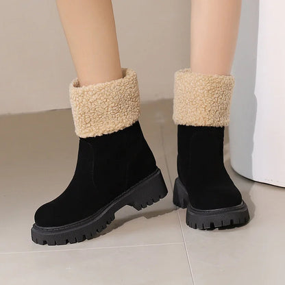 Patchwork Fluffy Trim Round Toe Chunky Heel Pull On Snow Boots