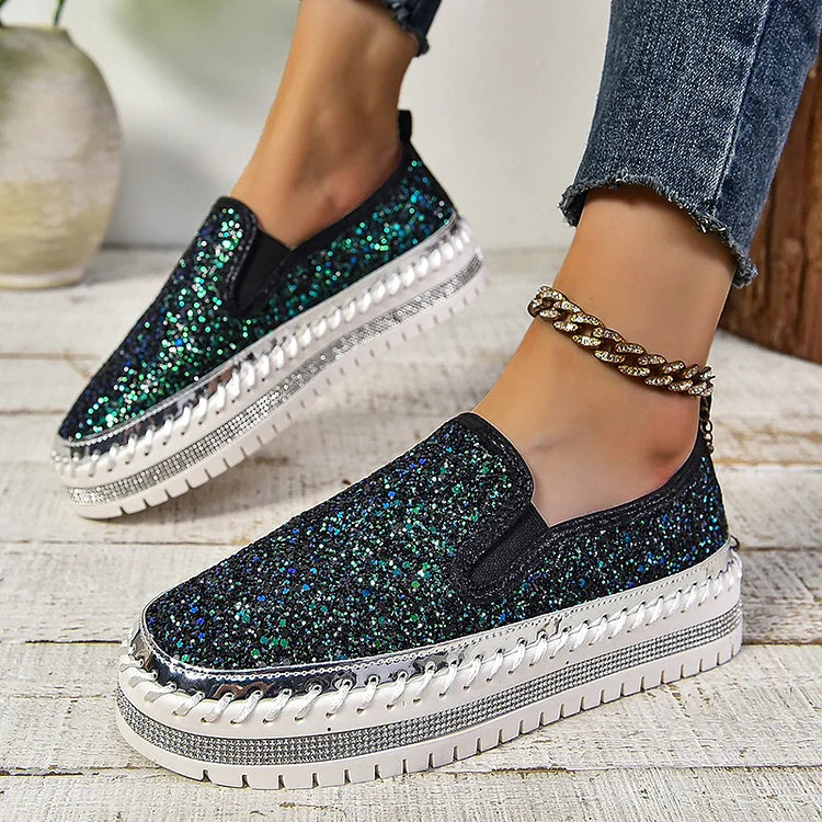 Shimmering Sequin Stitch Detail Round Toe Slip On Platform Loafers