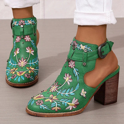 Floral Leaf Embroidery Round Toe Slingback Chunky Heels