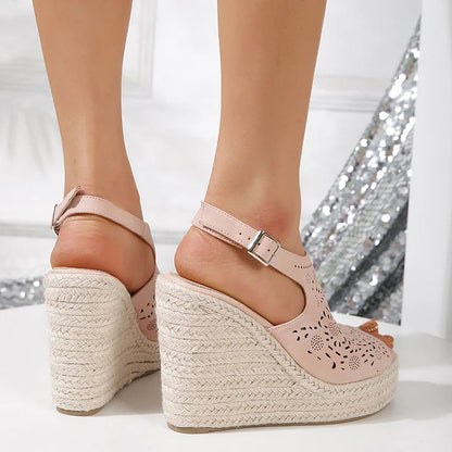 Openwork Hollowed Peep Toe Slingback Strap Espadrille Platform Wedge Sandals