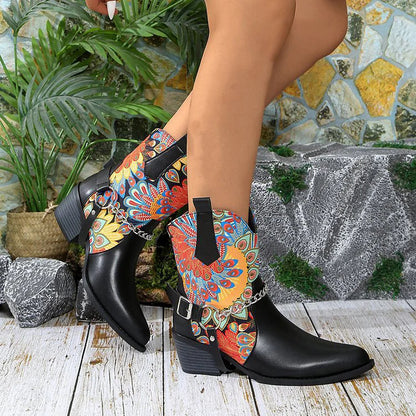 Roses Skull Print Chain Decor Pointed Toe Chunky Heel Ankle Boots