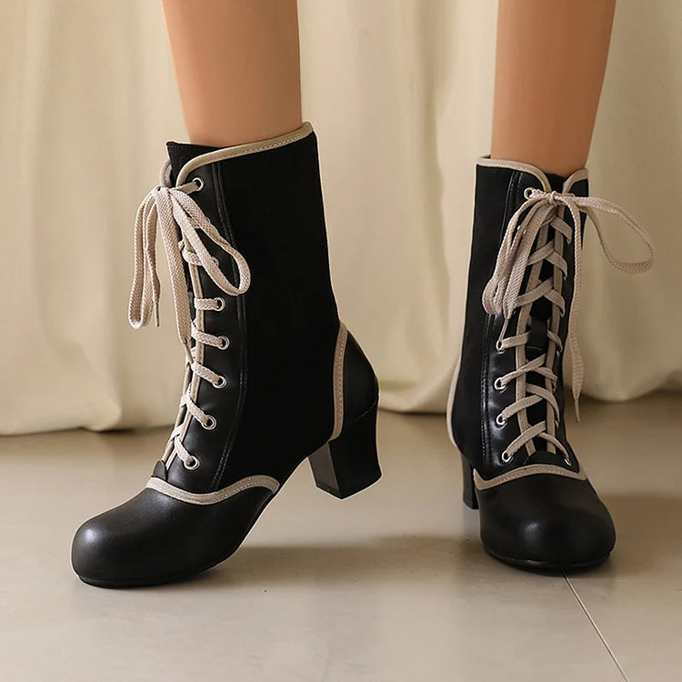 Contrast Trim Patchwork Lace Up Round Toe Chunky Heel Mid Boots