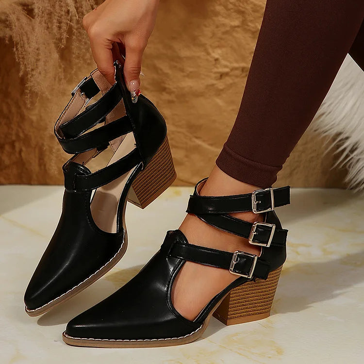 Ankle Cross Straps Buckles Solid Color Pointed Toe Chunky Heels