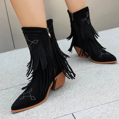 Multicolor Fringed Trim Zipper Pointed Toe Chunky Heel Western Boots