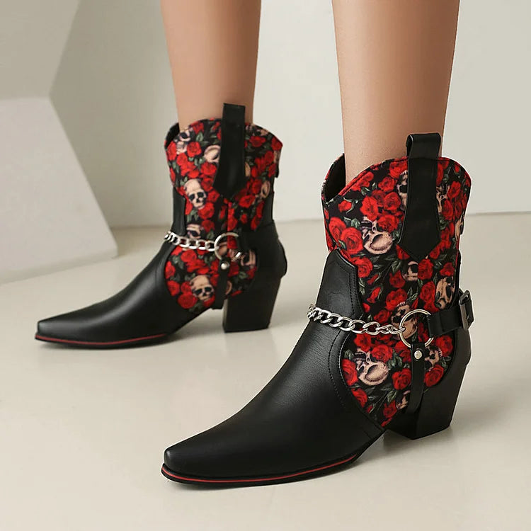 Floral Print Patchwork Chain Decor Pointed Toe Chunky Heel Ankle Boots