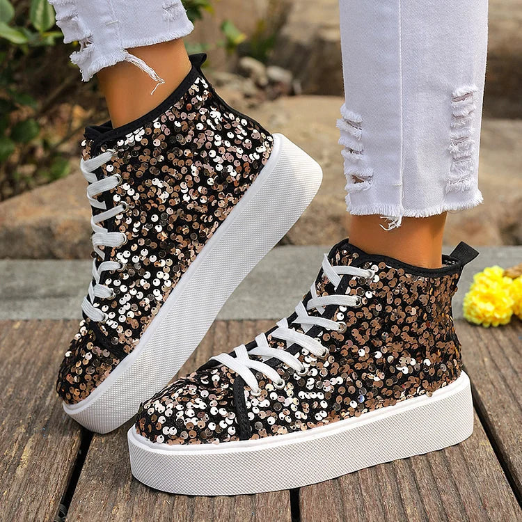 Glitter Sequins Lace Up Round Toe Fashion Casual Shoes