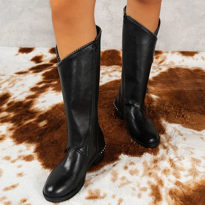 Metallic Studded Patchwork Straps Buckles Round Toe Knee High Boots