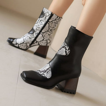 Snake Print Patchwork Square Toe Chunky Heel Mid Calf Boots