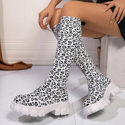 Leopard Pattern Round Toe Chunky Heel Knee High Boots