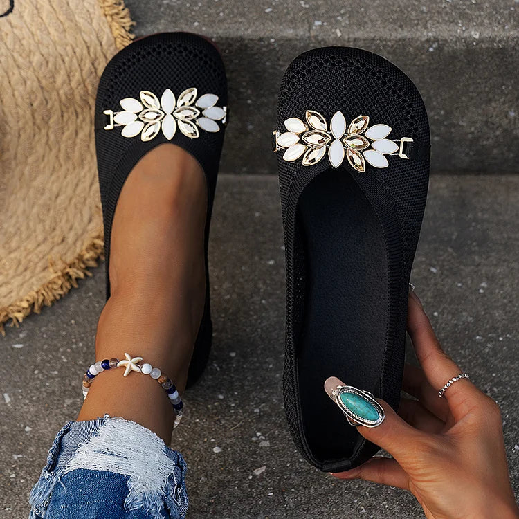 Metal Rhinestone Flower Decor Round Toe Low-Top Breathable Flats