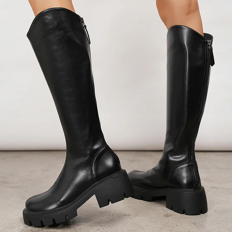 Solid Color Patchwork Zipper Round Toe Chunky Heel Knee High Boots